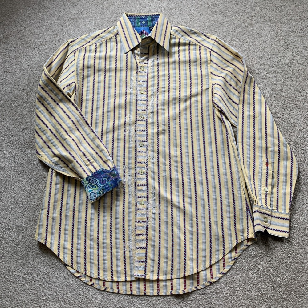 Robert Graham‎ Striped Shirt Flip Cuff Paisley Mens Size M Yellow Silk Trim